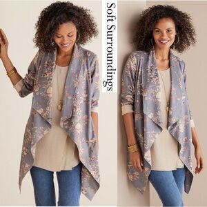 SOFT SURROUNDINGS Floral Drape Faux Suede Jacket Cardigan Long Sleeve Open Front
